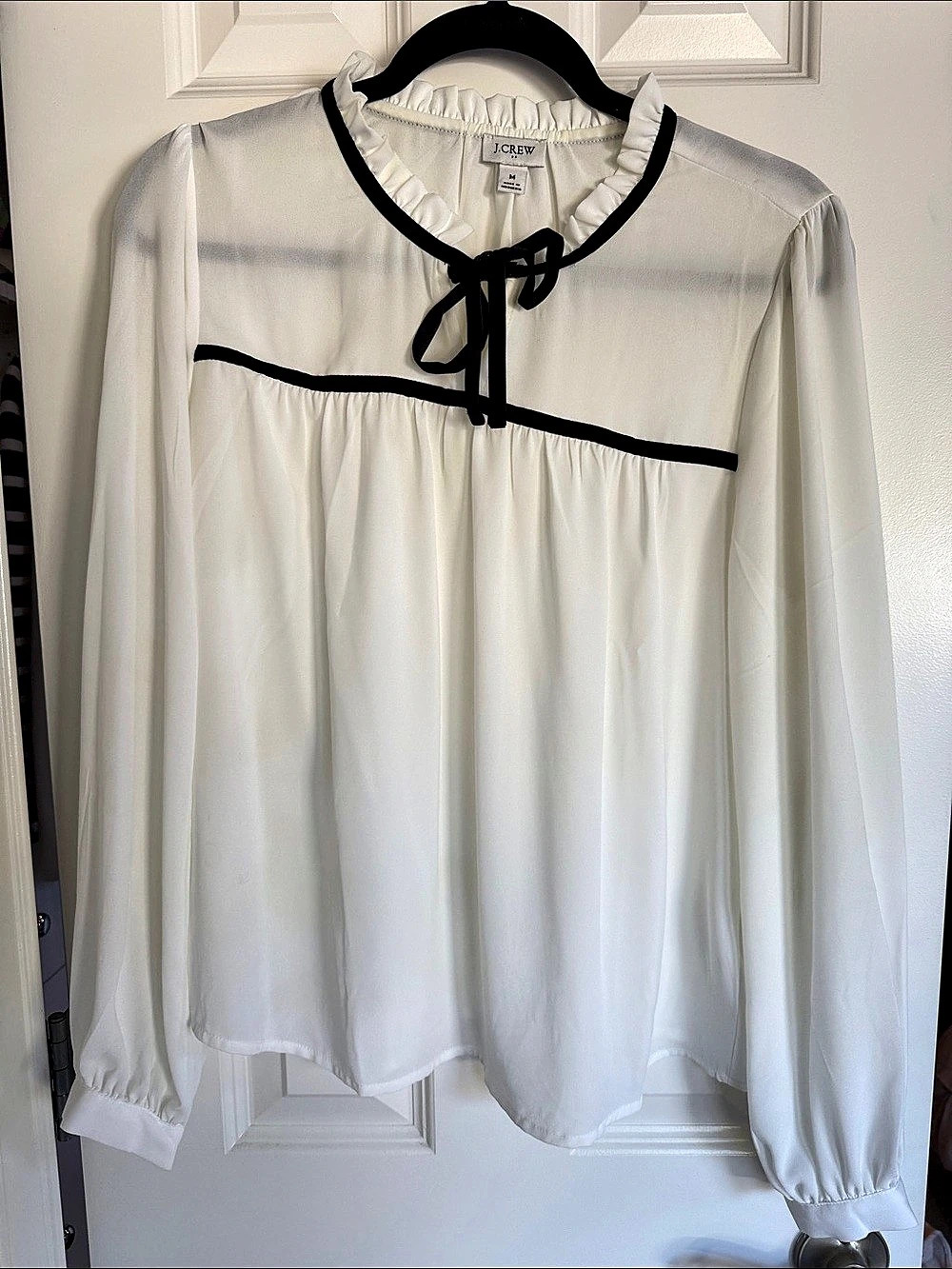 J.Crew Ruffle Tie-Neck Velvet Trim Blouse White XS